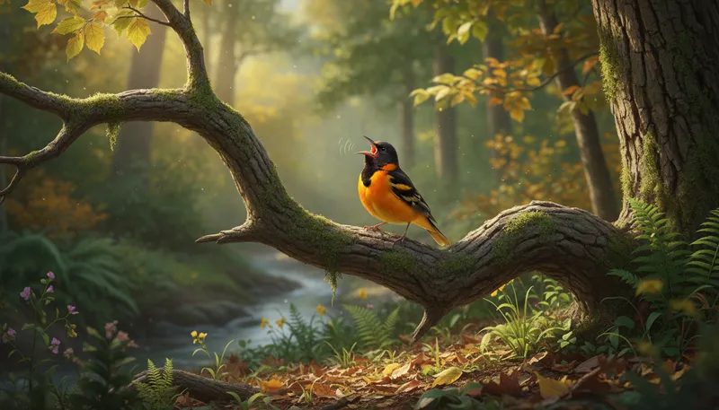 Illustration of oriole: A brightly colored songbird found in North America.