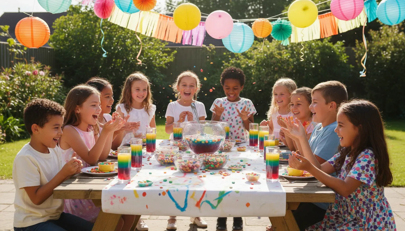 Skittles party का चित्र: a party featuring rainbow-colored candy and drinks