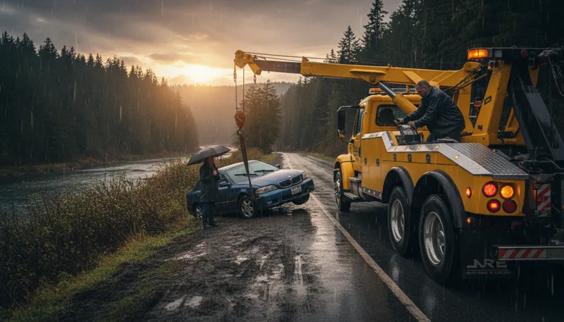 Illustration of wrecker: a vehicle that tows broken down cars.