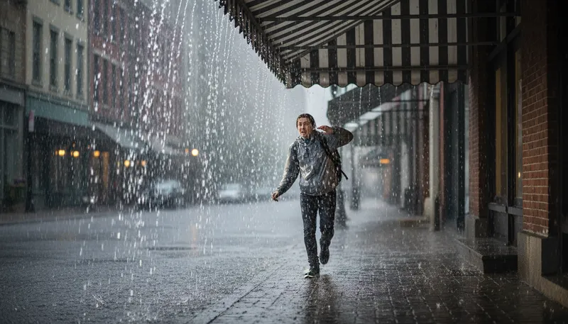 Illustration of come down in stair rods: rain heavily and continuously.