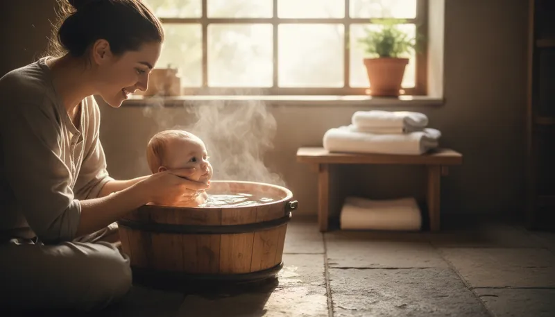 Illustration of bathe: To wash oneself or another in water.