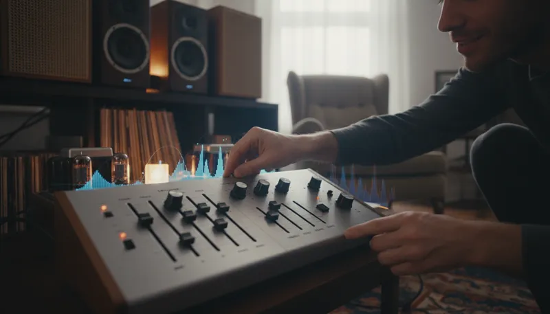 Illustration of equaliser: A device that balances sound frequencies.