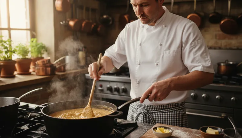 Illustration of roux: A mixture of flour and fat for sauces.