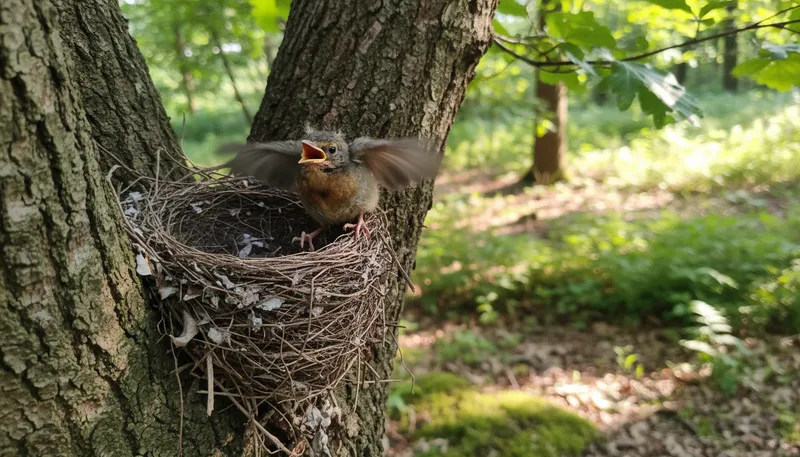Illustration of fledgling: A young bird just learning to fly.