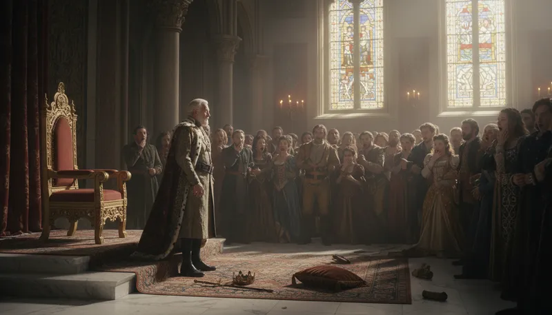 Illustration of abdication: The act of giving up a position or throne.