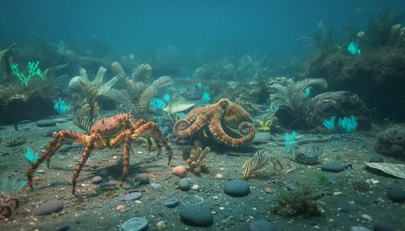 Illustration of benthic: Relating to the lowest layer of a body of water.