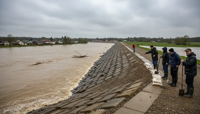 Illustration of levee: A barrier to prevent river flooding.