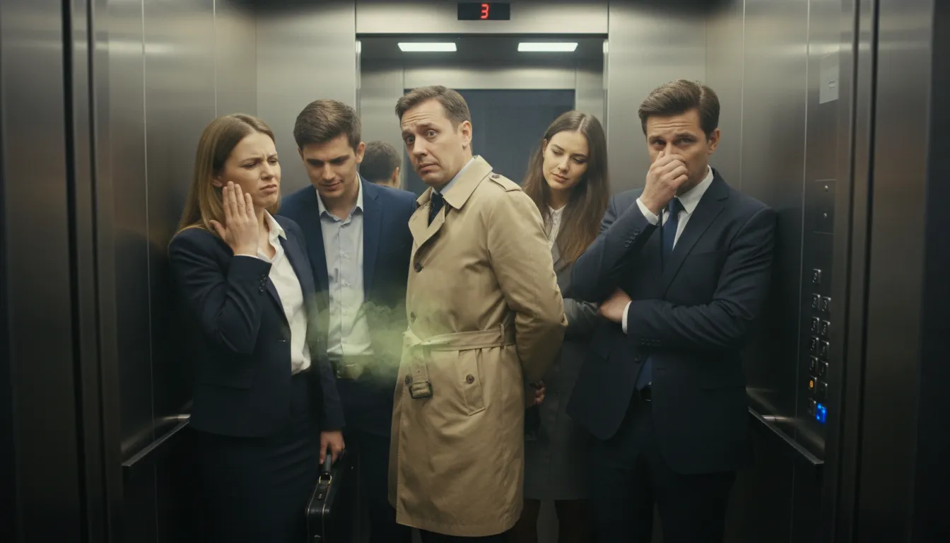 fart in an elevator 的插图：Pass gas in a small, enclosed space.