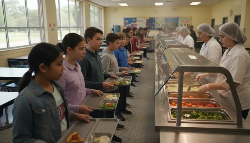 Illustration of cafeteria: A place where food is served, usually self-service.