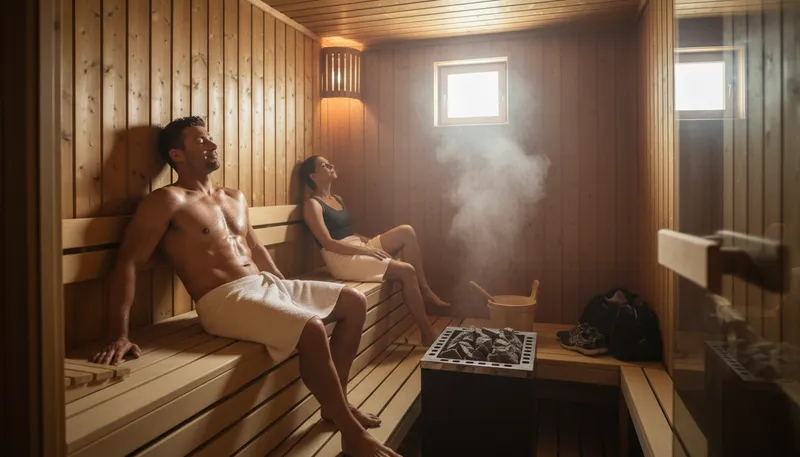 Illustration of sauna: A small room for dry or wet heat bathing.