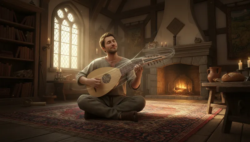 Illustration of lute: A string instrument played with a plectrum.