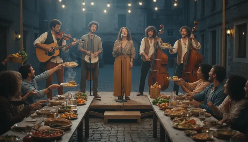 Illustration of sing for one's supper: to perform for a reward or favor