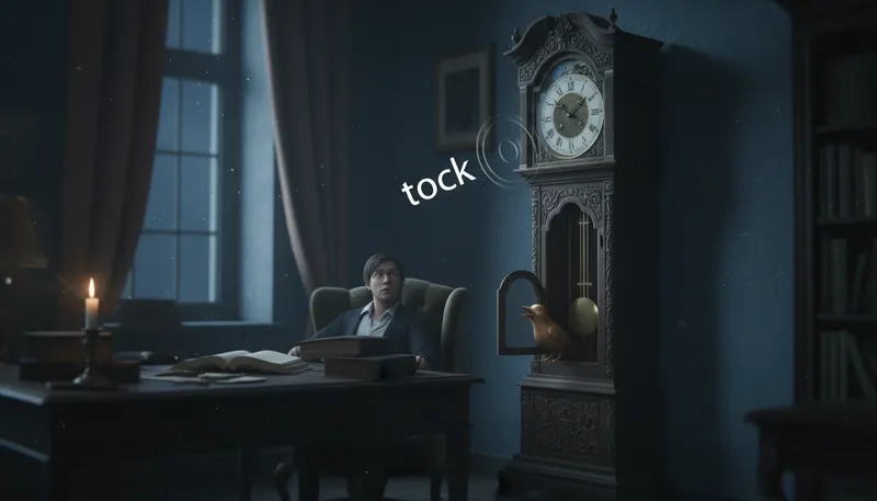 Illustration of tock: The sound made by a clock's mechanism.