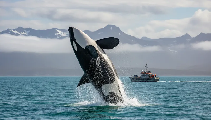 Illustration of orca: A large black-and-white marine mammal.