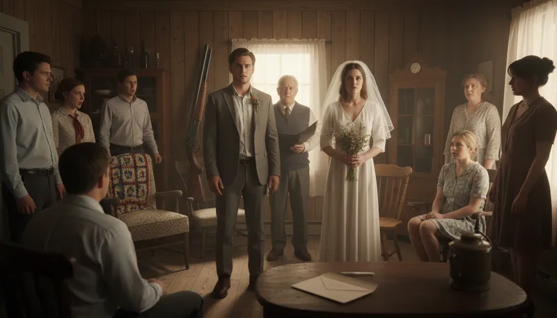Illustration of shotgun wedding: a hurried marriage due to pregnancy
