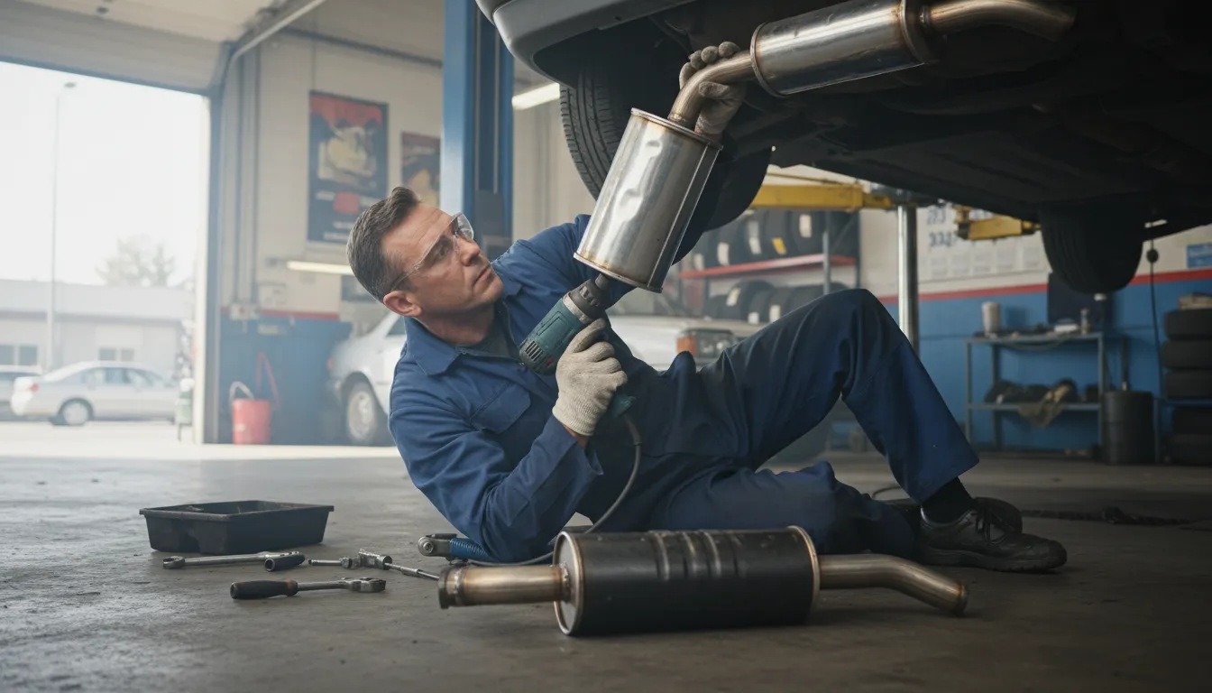 muffler-এর ইলাস্ট্রেশন: A device that reduces noise from a vehicle.