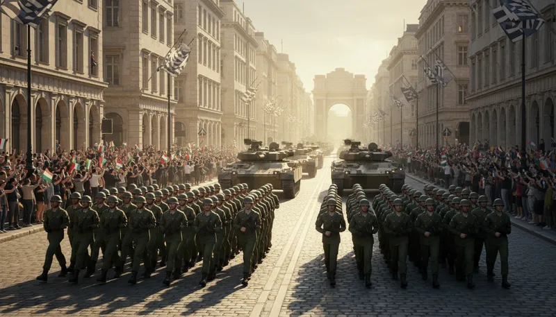 Illustration of militaristic: Related to military practices or attitudes.