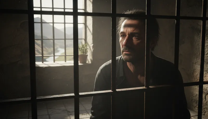 Illustration of prisoner: Person held in a jail or prison.
