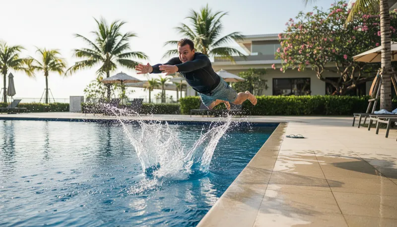 Illustration of plunge in: To jump or dive into something quickly.