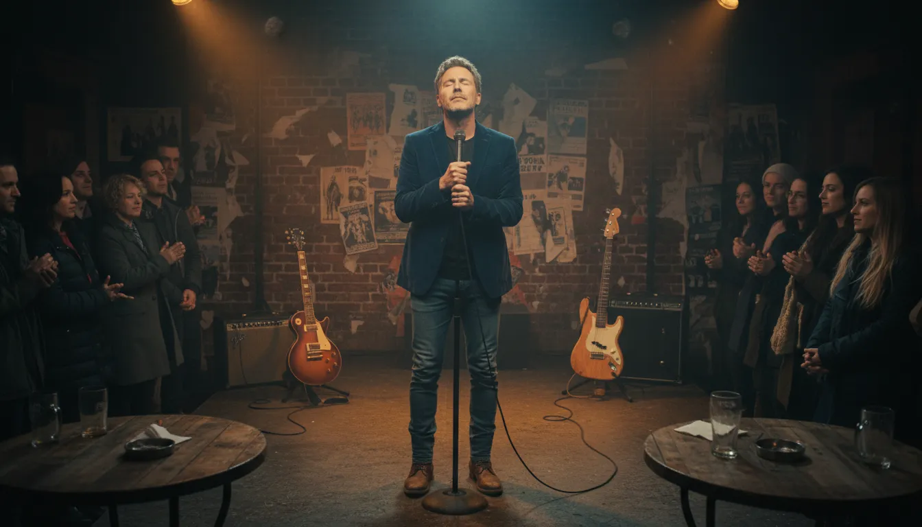 Ilustrasi park and bark: to stand still and sing on stage.