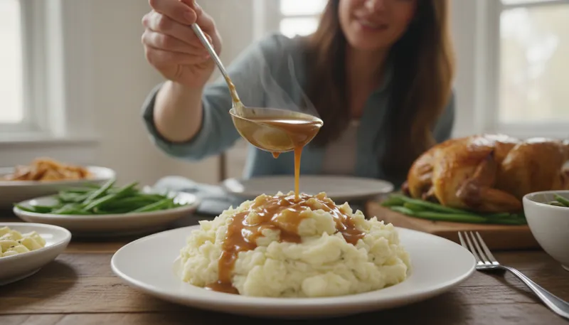 Illustration of gravy: A sauce made from meat juices and fat.