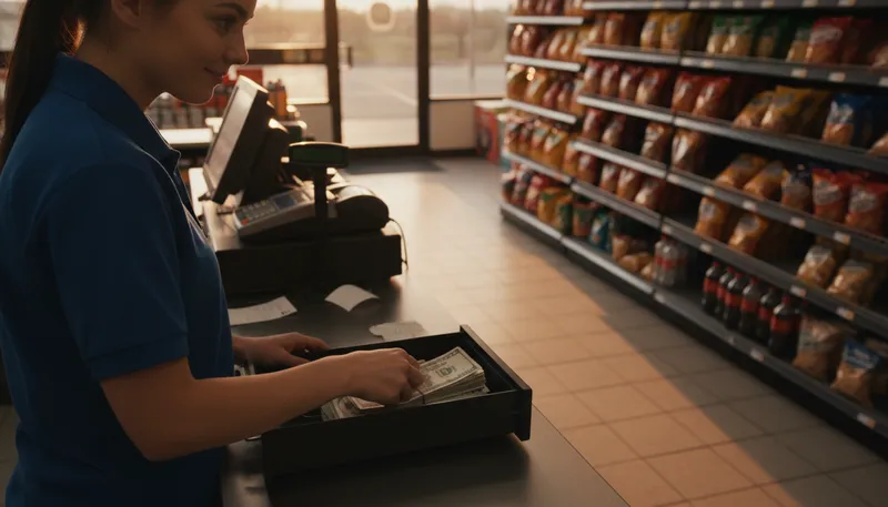 Illustration of have one's hand in the till: Steal money from a cash register.