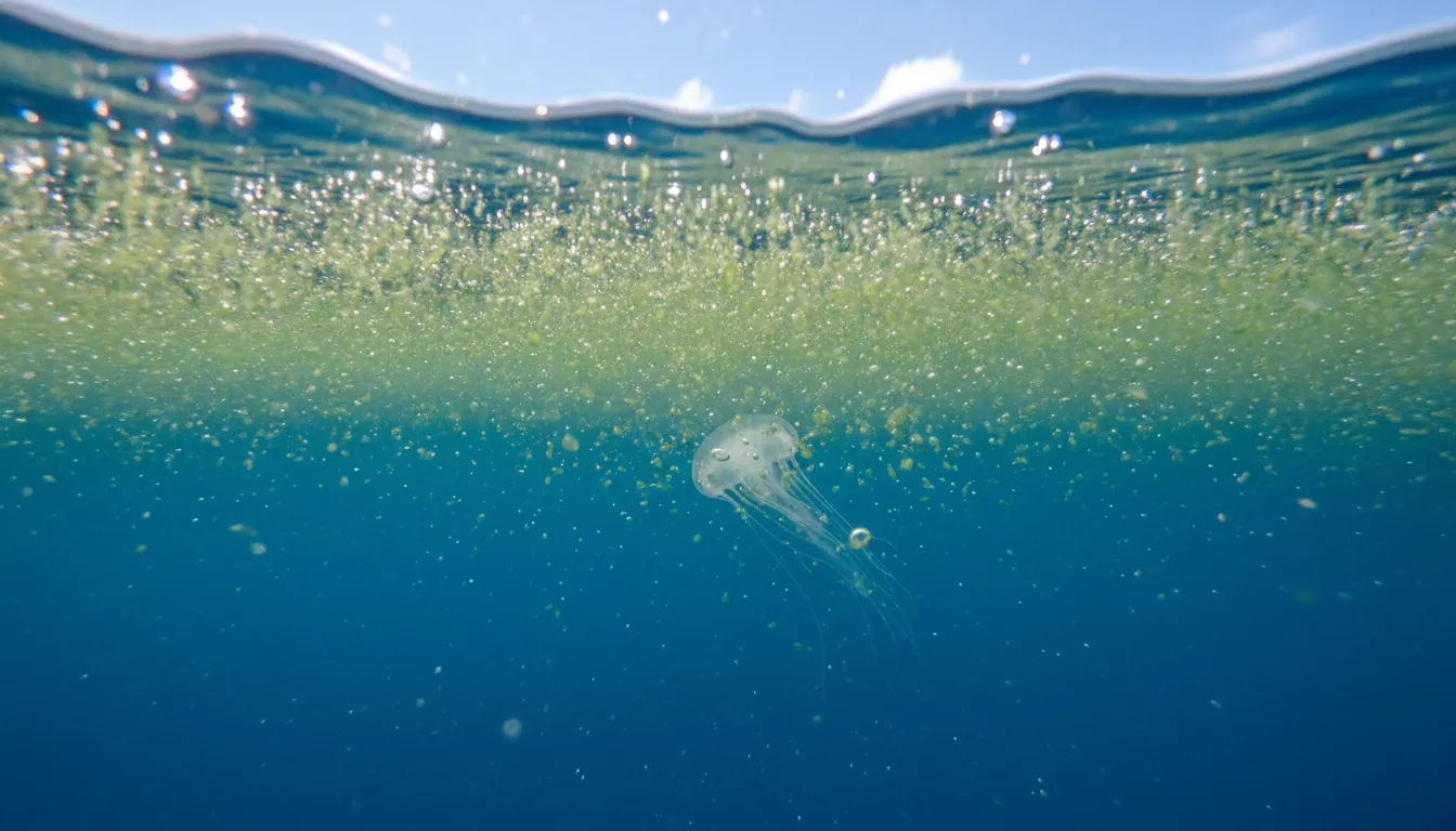 “phytoplankton” kelimesinin çizimi: Tiny plants in water, crucial for marine life.