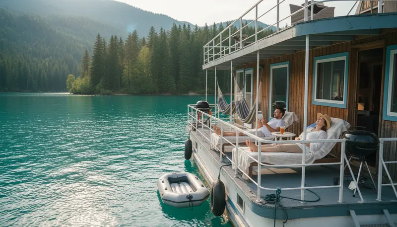 Illustration of houseboat: A boat designed for living on water.
