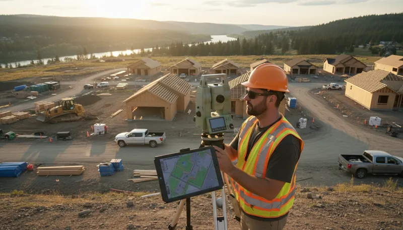 Illustration of surveyor: a person who measures land and property