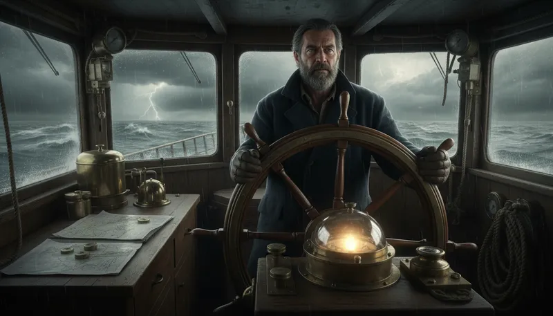 Illustration of at the helm: In charge of guiding a ship or group.