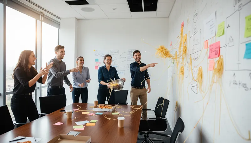 Illustration of throw spaghetti at the wall: try various ideas to see what works.