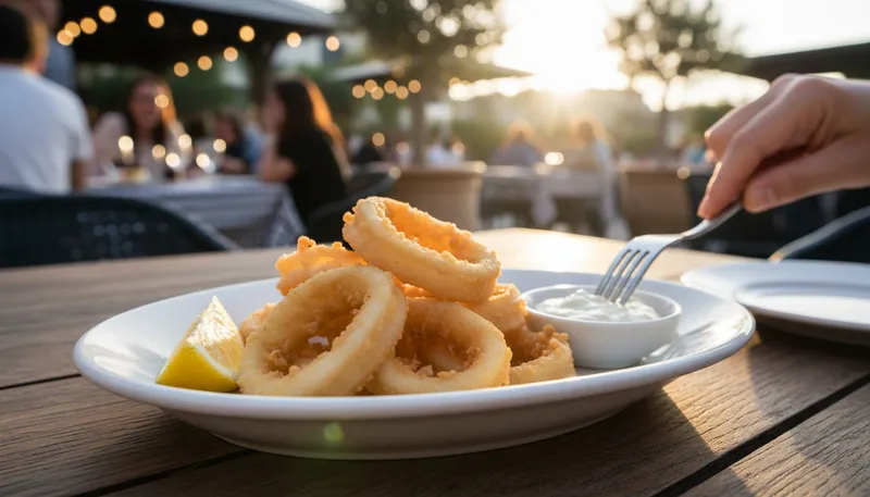 Illustration of calamari: Fried squid, often served as an appetizer.