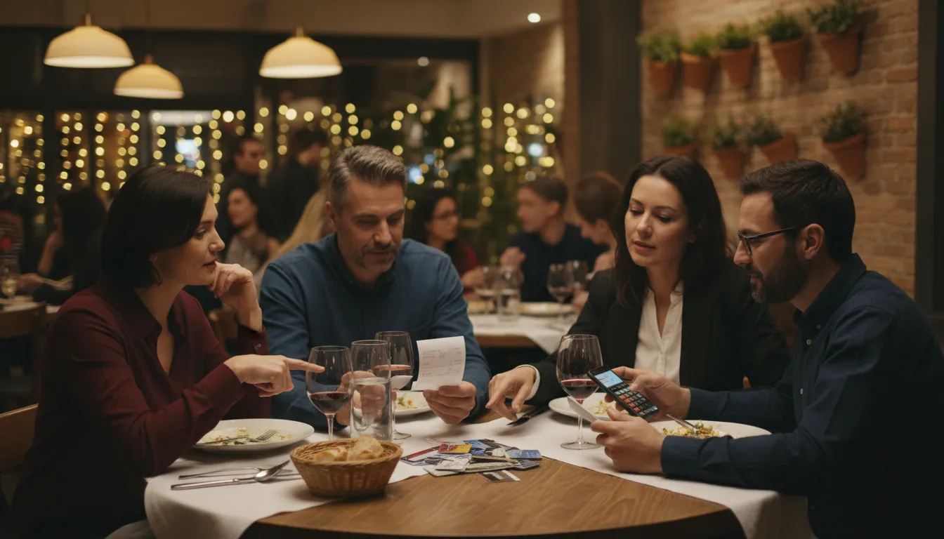 Illustration of split the bill: To share the cost of something, especially a meal, with others.