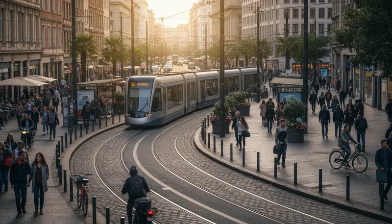 Illustration of tramway: A track for trams or streetcars.