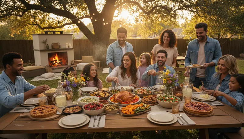Illustration of feast: a large meal with many different dishes
