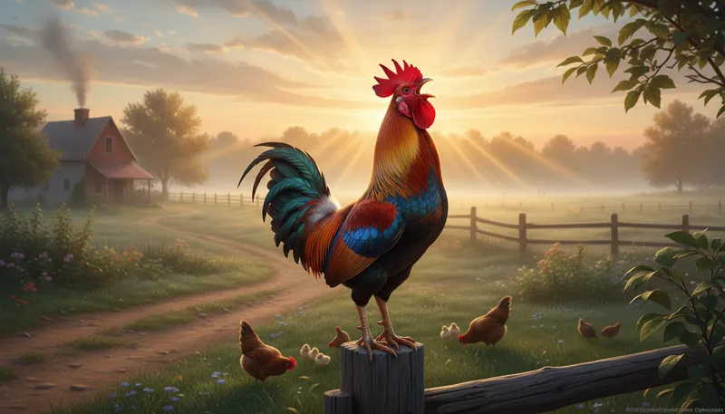 Illustration of rooster: A male chicken known for crowing.
