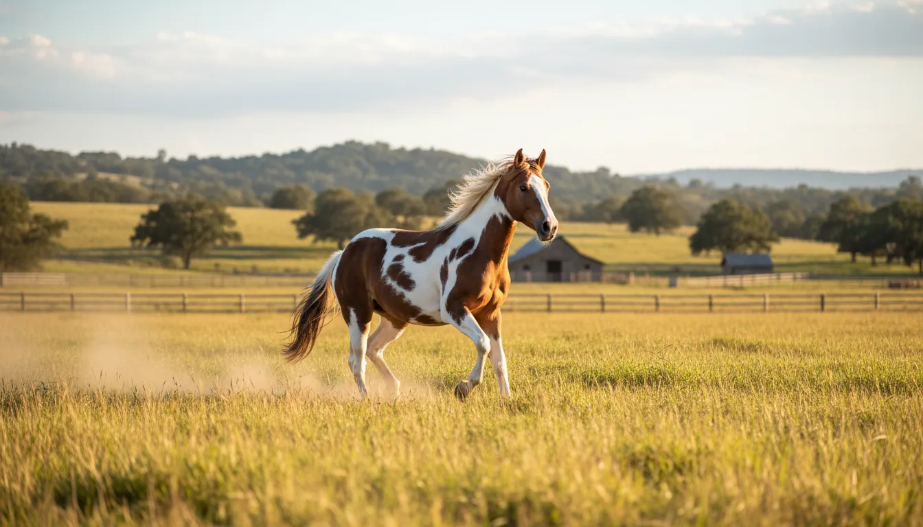 pinto 的插圖：A horse with patches of white and another color.