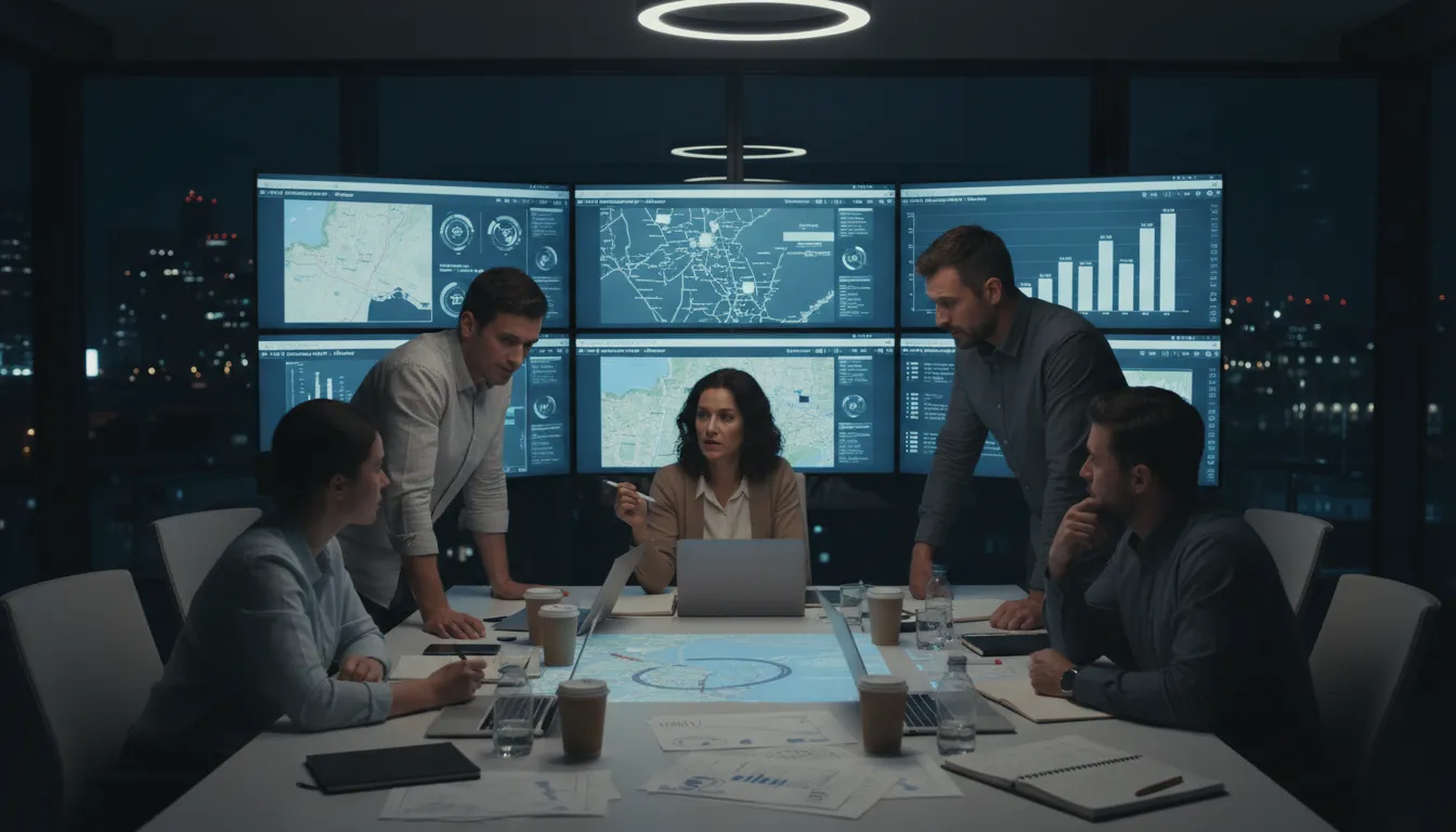Illustration of war room: room where a team handles an urgent crisis together