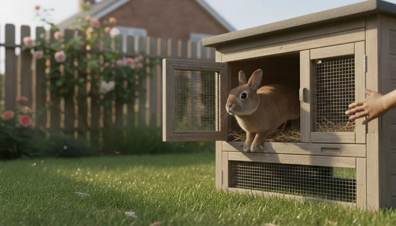 Illustration of hutch: A small shelter for animals or storage.