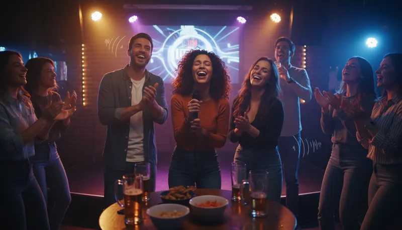 Illustration of karaoke: A form of entertainment where people sing along.