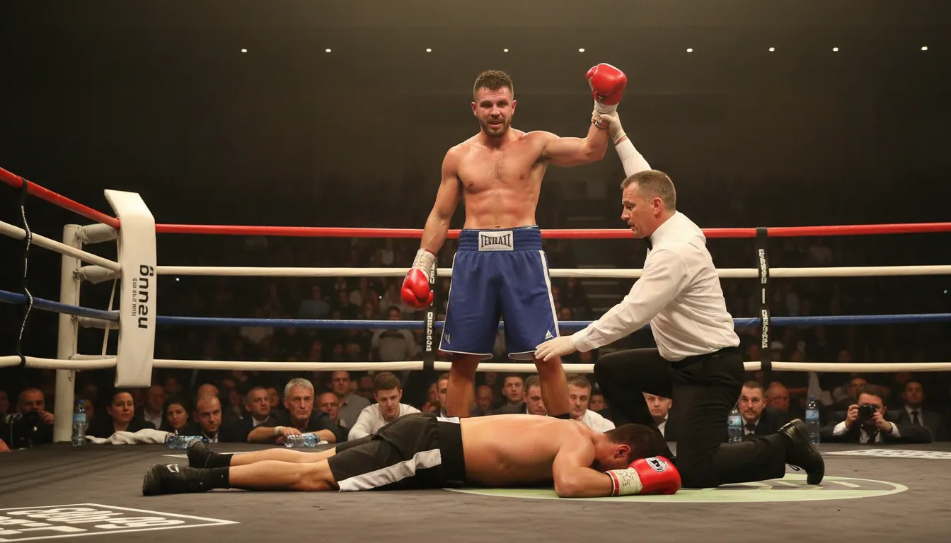 knock out 的插圖：to defeat someone decisively