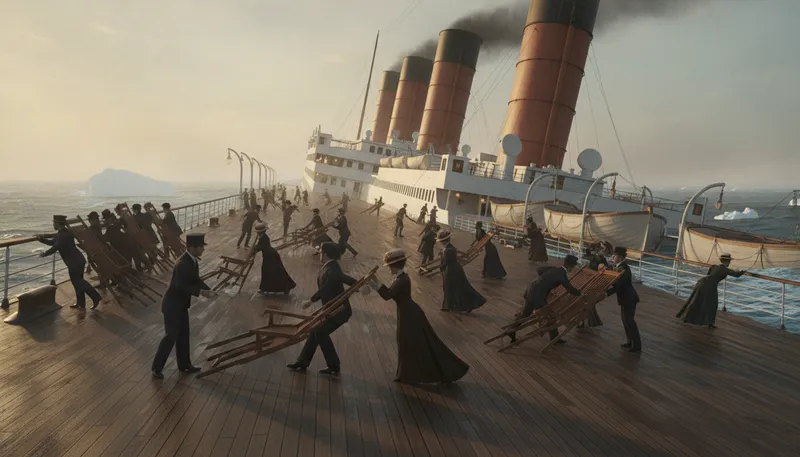 Illustration of rearrange the deck chairs on the titanic: To waste time on trivial matters during a crisis.