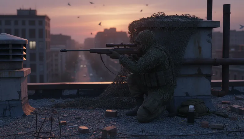 Illustration of sniper: a person who shoots from a hidden position