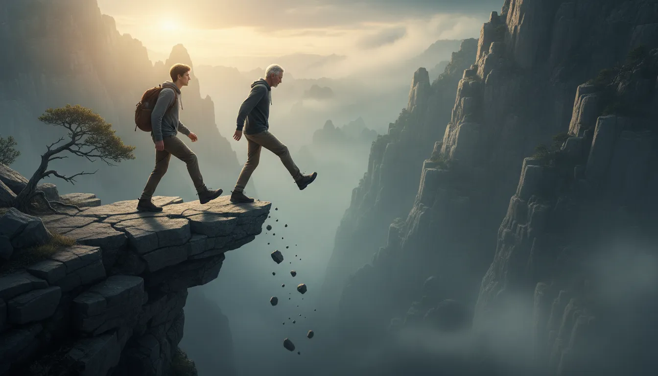 follow someone off a cliff 的插图：To blindly copy a person's poor decisions.