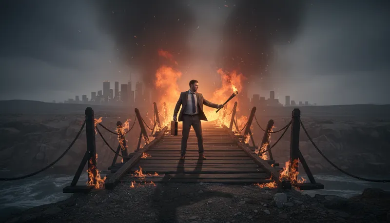Illustration of burn one's bridges: To eliminate any chance of return.