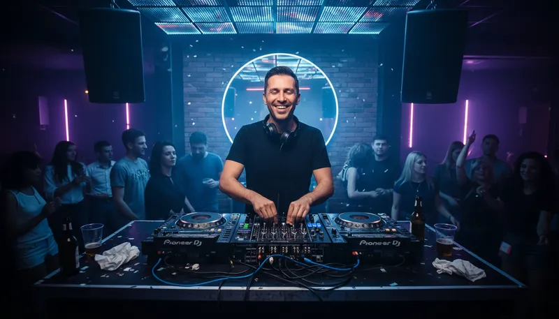 Illustration of djing: The act of playing recorded music for an audience.