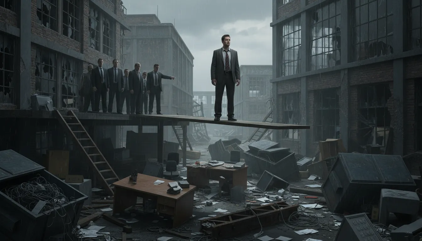 walk the plank 일러스트: to be forced to leave a job