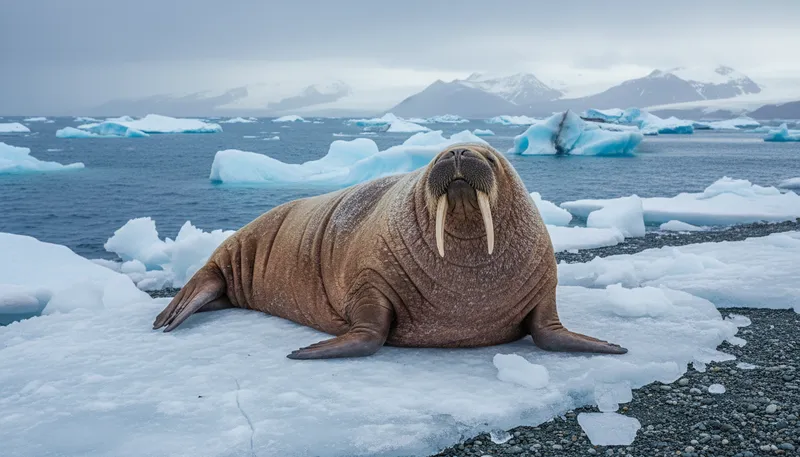 Illustration of walrus: A large sea animal with tusks.