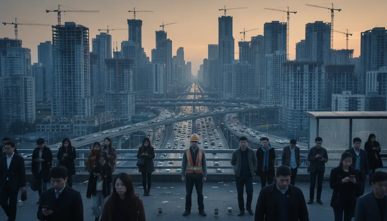 Illustration of anomie: A state where social rules break down and people feel lost or disconnected.