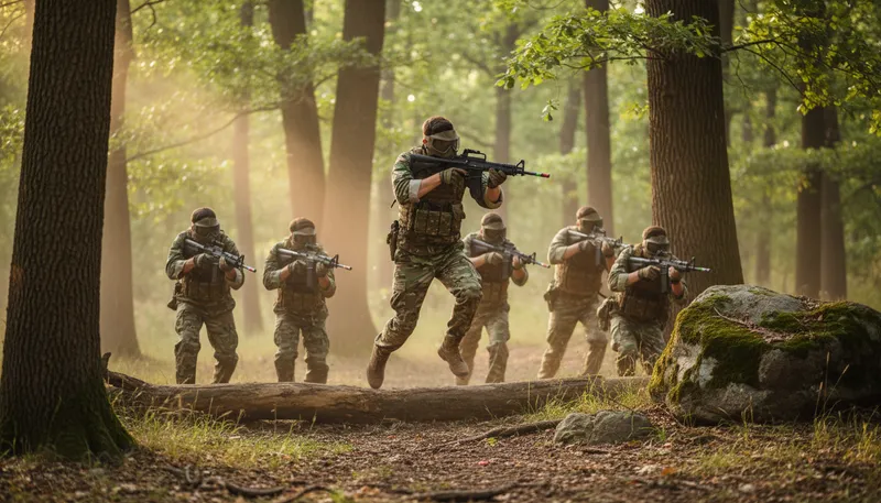 Illustration of airsoft: A sport using replica firearms and plastic pellets.